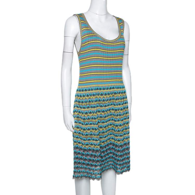 Pre Owned M Missoni Grey & Blue Wavy Textured Knit Sleeveless Dress L