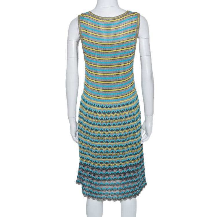 Pre Owned M Missoni Grey & Blue Wavy Textured Knit Sleeveless Dress L