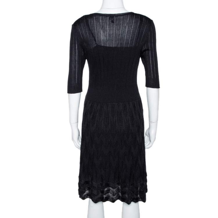 مملوكة مسبقًا M Missoni Black Zig Zag Textured Knit A Line Dress L