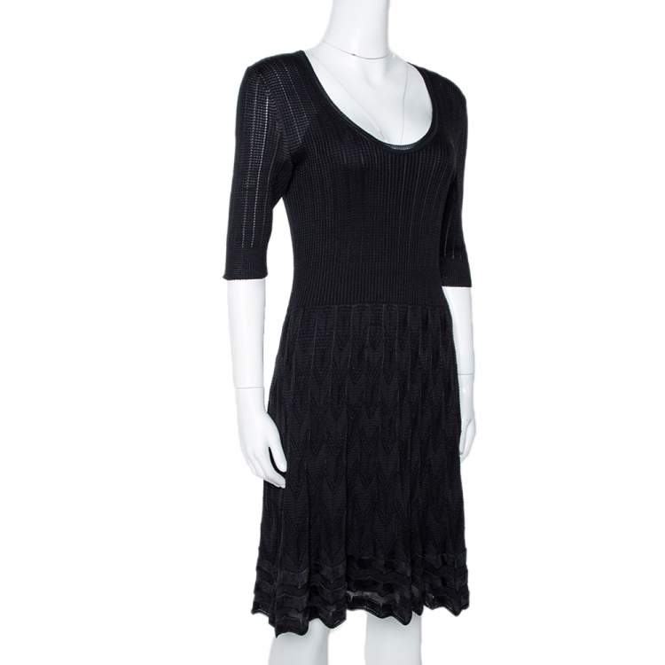 مملوكة مسبقًا M Missoni Black Zig Zag Textured Knit A Line Dress L
