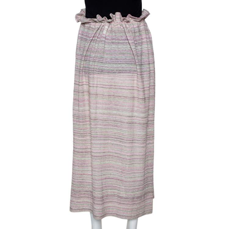 Pre Owned M Missoni Pale Green Striped Knit Ruffled Waist Midi Skirt M