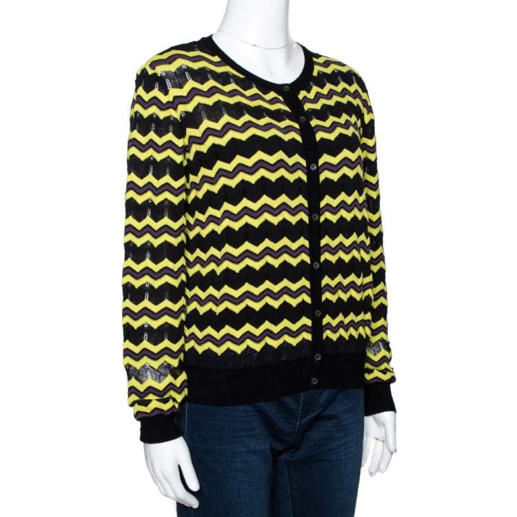 Pre Owned M Missoni Yellow Zigzag Knit Button Front Cardigan L