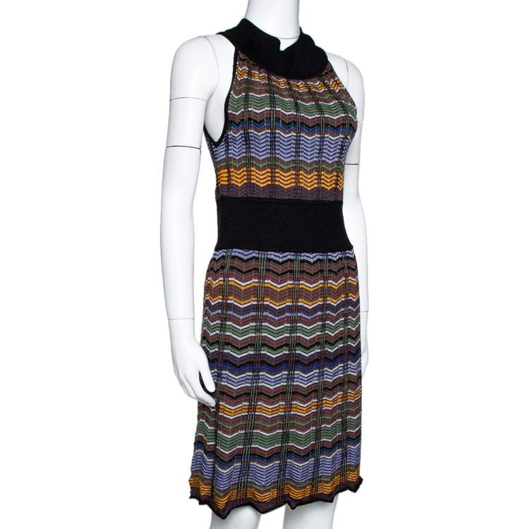 Pre Owned M Missoni Multicolor Zip Zag Merino Wool Blend Knit Sleeveless Dress M
