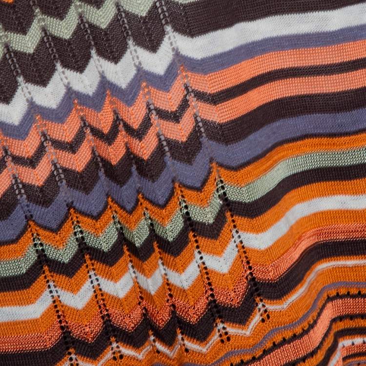 Pre Owned M Missoni Orange & Brown Striped Pointelle Knit Tunic Top M