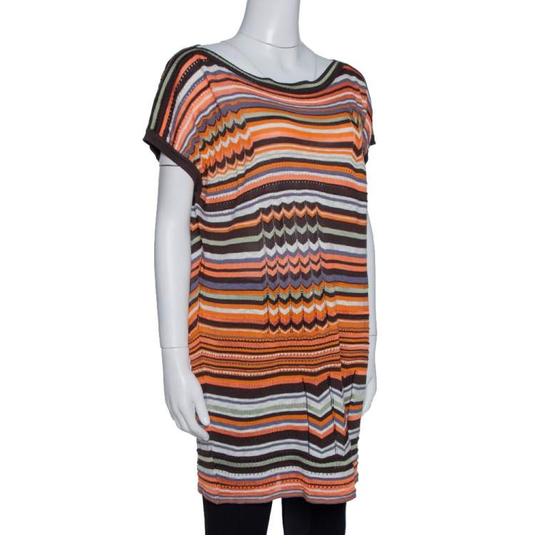 Pre Owned M Missoni Orange & Brown Striped Pointelle Knit Tunic Top M