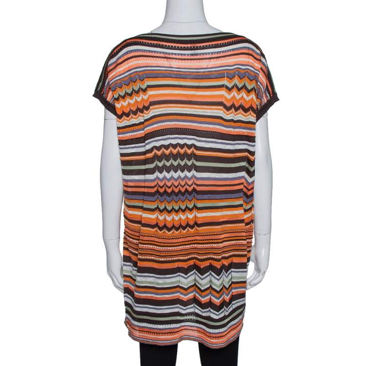 Pre Owned M Missoni Orange & Brown Striped Pointelle Knit Tunic Top M