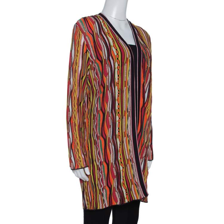 Pre Owned M Missoni Multicolor Striped Rib Knit Open Front Cardigan L