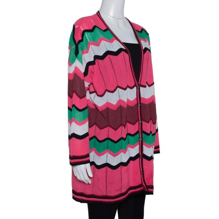 Pre Owned M Missoni Pink Zig Zag Perforated Knit Button Front Cardigan L