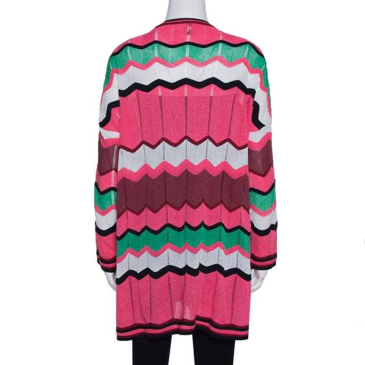 Pre Owned M Missoni Pink Zig Zag Perforated Knit Button Front Cardigan L