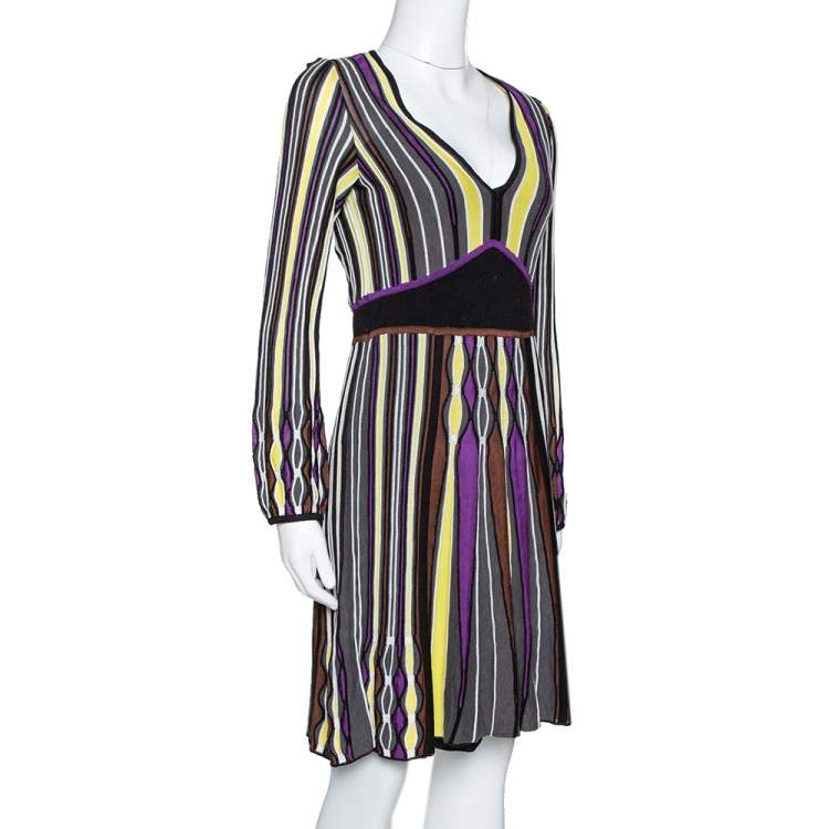 Pre Owned M Missoni Grey Striped Rib Knit Knee Length Dress M