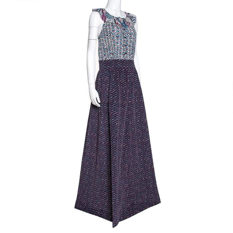 Pre Owned M Missoni Purple Printed Silk & Corduroy Sleeveless Maxi Dress L