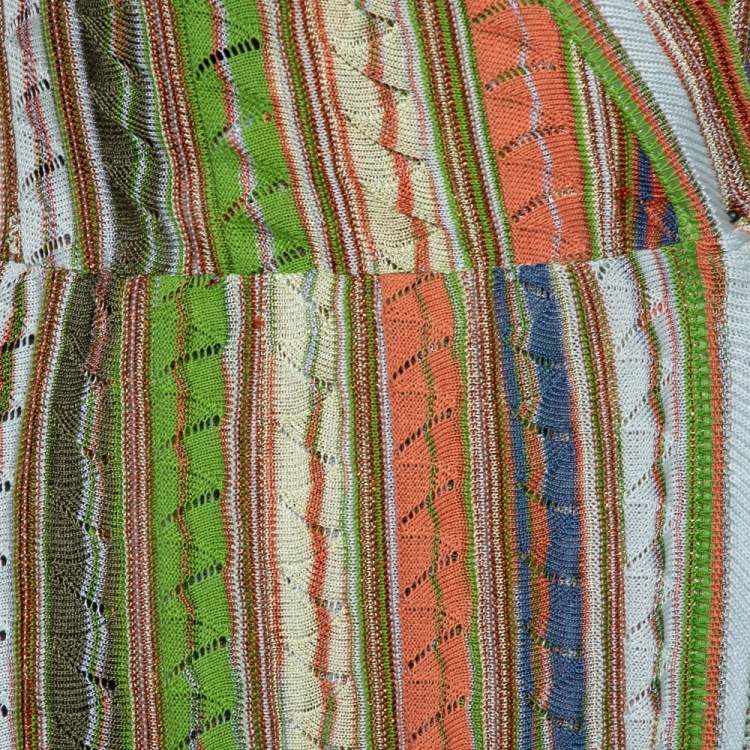 Pre Owned M Missoni Green Striped Pointelle Knit Ruffled Wrap Dress M