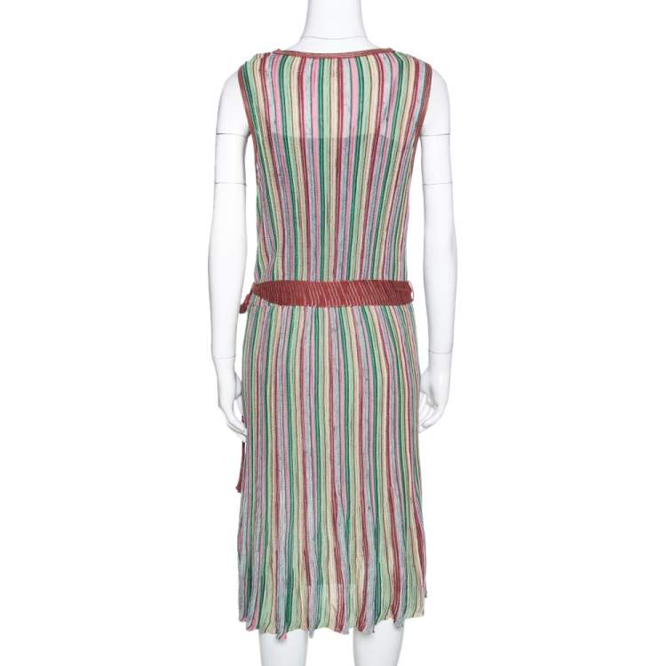 Pre Owned M Missoni Multicolor Striped Rib Knit Sleeveless Belted Dress L