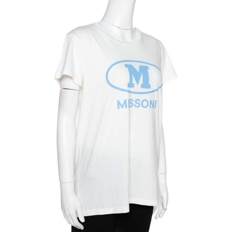 مملوكة مسبقًا M Missoni Off White Logo Print Cotton Crew Neck T-Shirt M