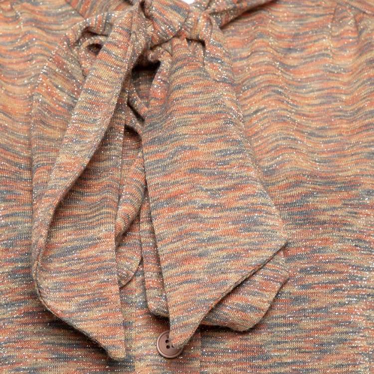 مملوكة مسبقًا M Missoni Rust Orange Lurex Wool Knit Tie Neck Blouse L