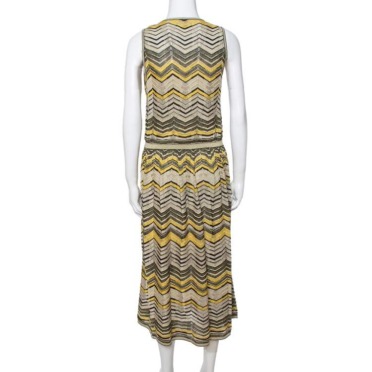 Pre Owned M Missoni Pale Yellow Lurex Chevron Knit Sleeveless Dress M