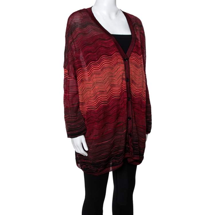 مملوكة مسبقًا M Missoni Red Wavy Textured Knit Button Front Cardigan M