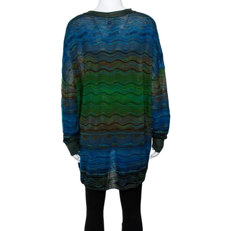 مملوكة مسبقًا M Missoni Blue Wavy Textured Knit Button Front Cardigan M