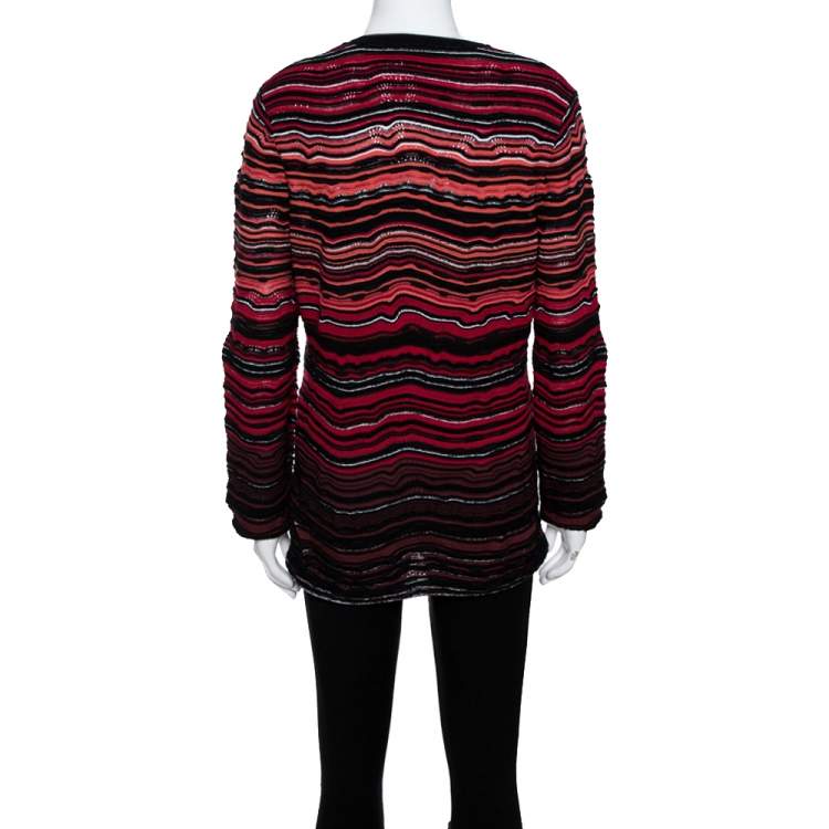 مملوكة مسبقًا M Missoni Red Wavy Textured Knit Button Front Cardigan L
