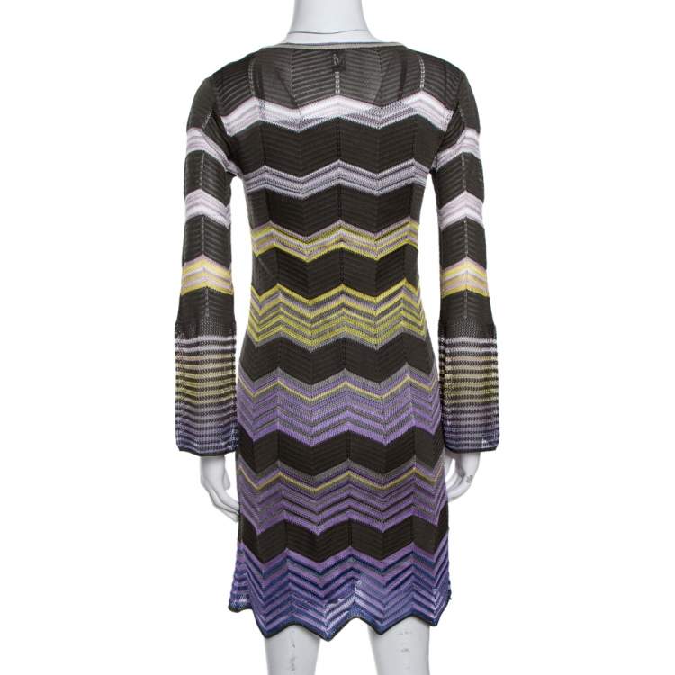 Pre Owned M Missoni Grey & Purple Chevron Crochet Knit Long Sleeve Dress S