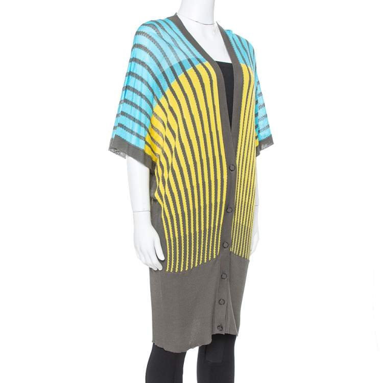 Pre Owned M Missoni Tri Color Striped Perforated Knit Button Front Cardigan M