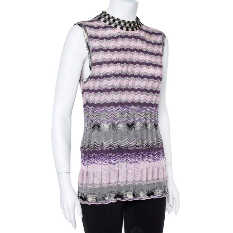 مملوكة مسبقًا M Missoni Purple Chevron Knit Tie Up Top and Cardigan Set L