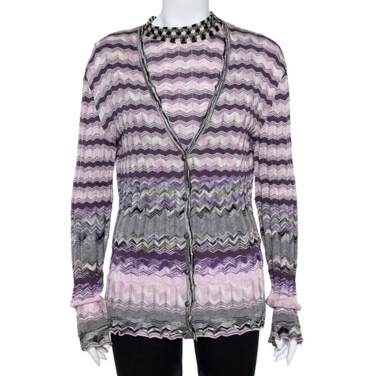 مملوكة مسبقًا M Missoni Purple Chevron Knit Tie Up Top and Cardigan Set L