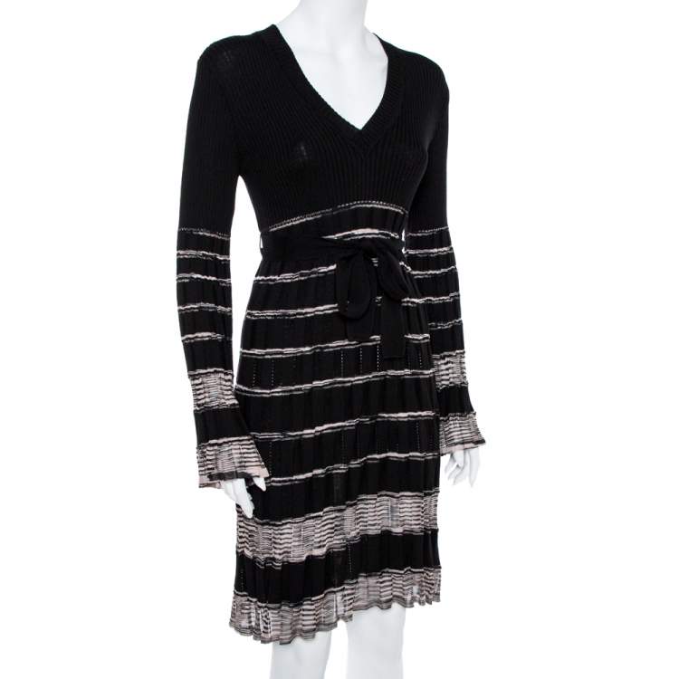 Pre Owned M Missoni Black Patterned Knit Wool Belted Dress M
