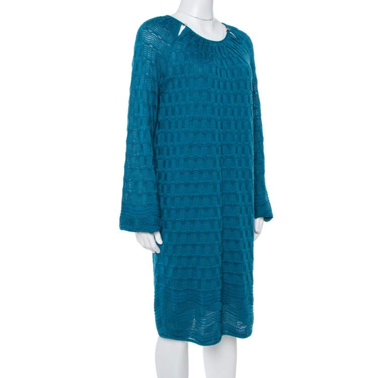 Pre Owned M Missoni Teal Wool Knit Midi Dress L