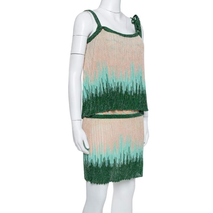 Pre Owned M Missoni Beige & Green Lurex Knit Overlay Detail Short Dress S