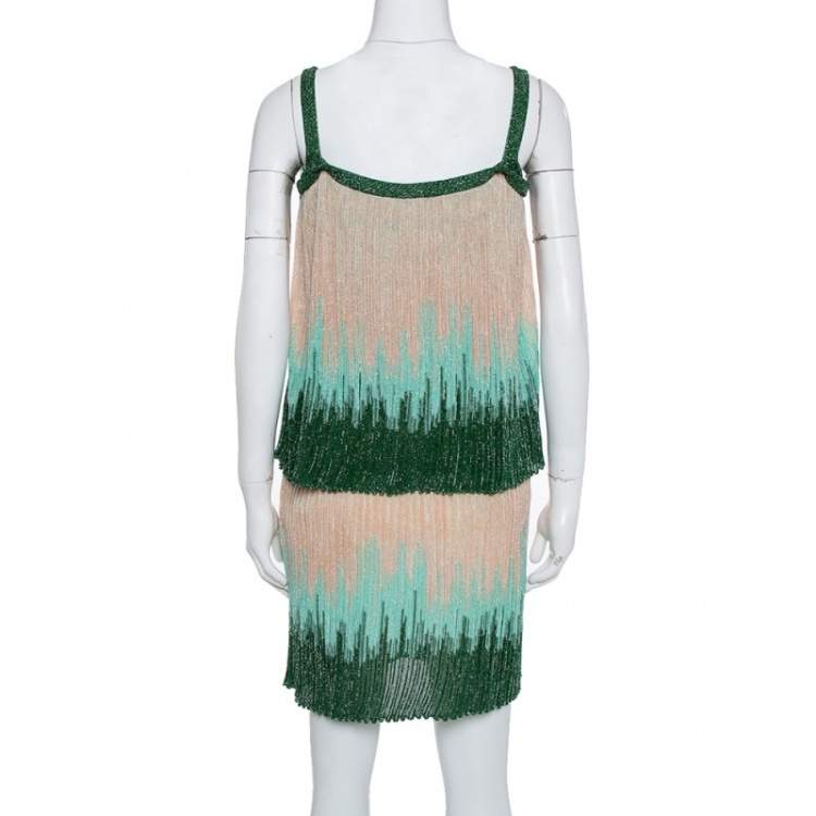 Pre Owned M Missoni Beige & Green Lurex Knit Overlay Detail Short Dress S