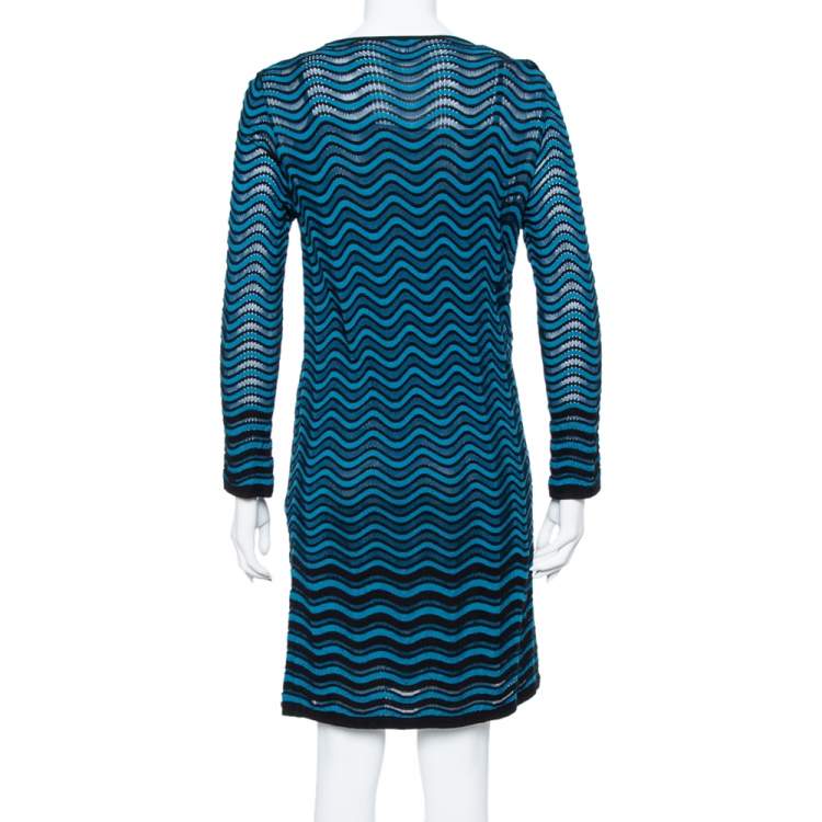 Pre Owned M Missoni Blue Wave Knit Bow Detail Short Dress M