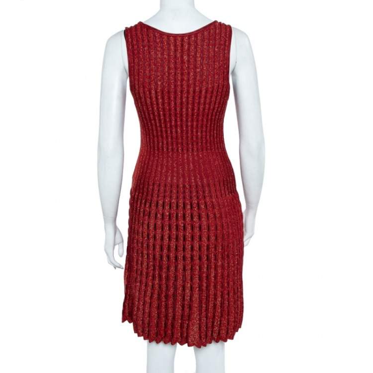Pre Owned M Missoni Crimson Red Perforated Lurex Knit Sleeveless Fit & Flare Dress S