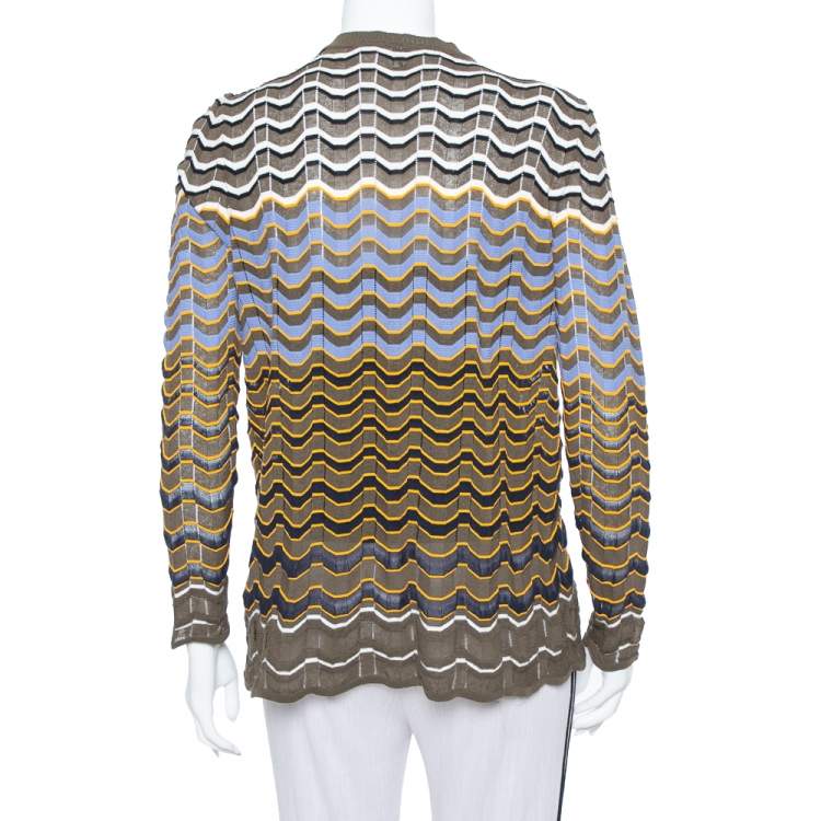 Pre Owned M Missoni Olive Green Contrast Pattern Sheer Knit Button Front Cardigan L