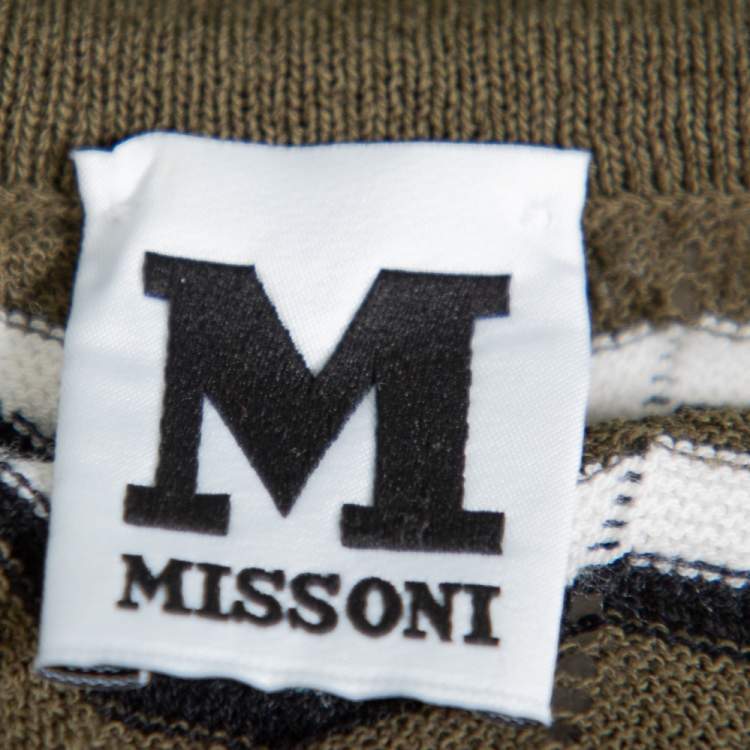 Pre Owned M Missoni Olive Green Contrast Pattern Knit Drop Waist Dress L