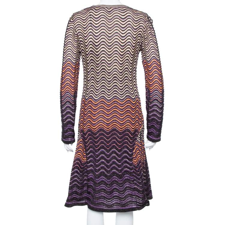 مملوكة مسبقًا M Missoni Multicolor Lurex Wave Knit Flared Long Sleeve Dress L