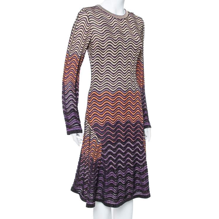 مملوكة مسبقًا M Missoni Multicolor Lurex Wave Knit Flared Long Sleeve Dress L