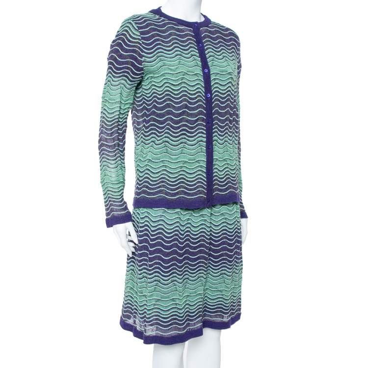 Pre Owned M Missoni Bicolor Wave Knit Drop Waist Dress & Button Front Cardigan Set L