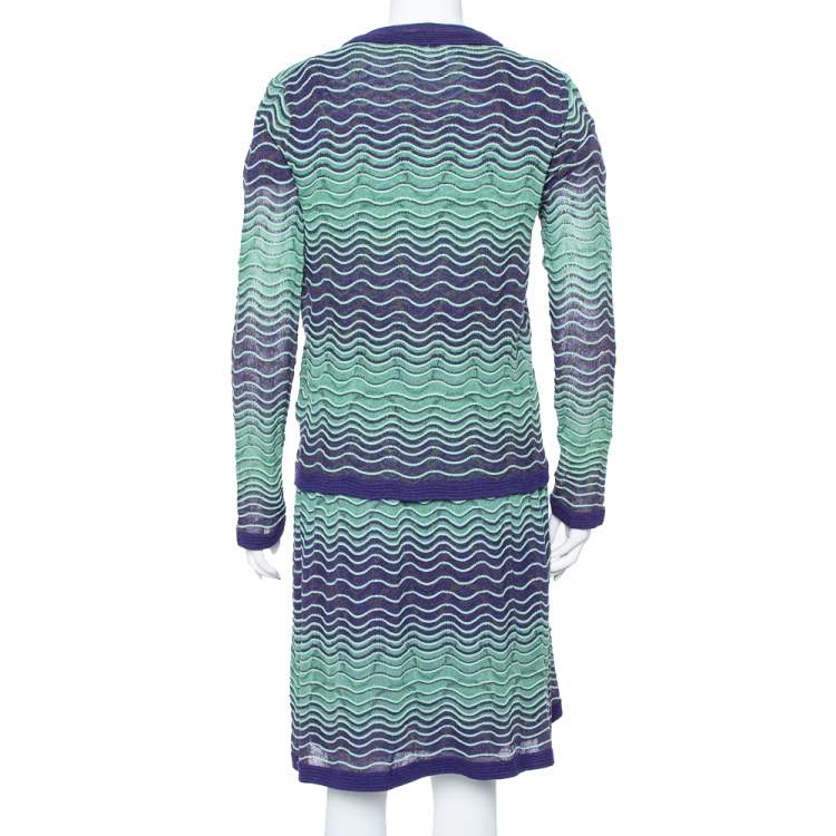 Pre Owned M Missoni Bicolor Wave Knit Drop Waist Dress & Button Front Cardigan Set L