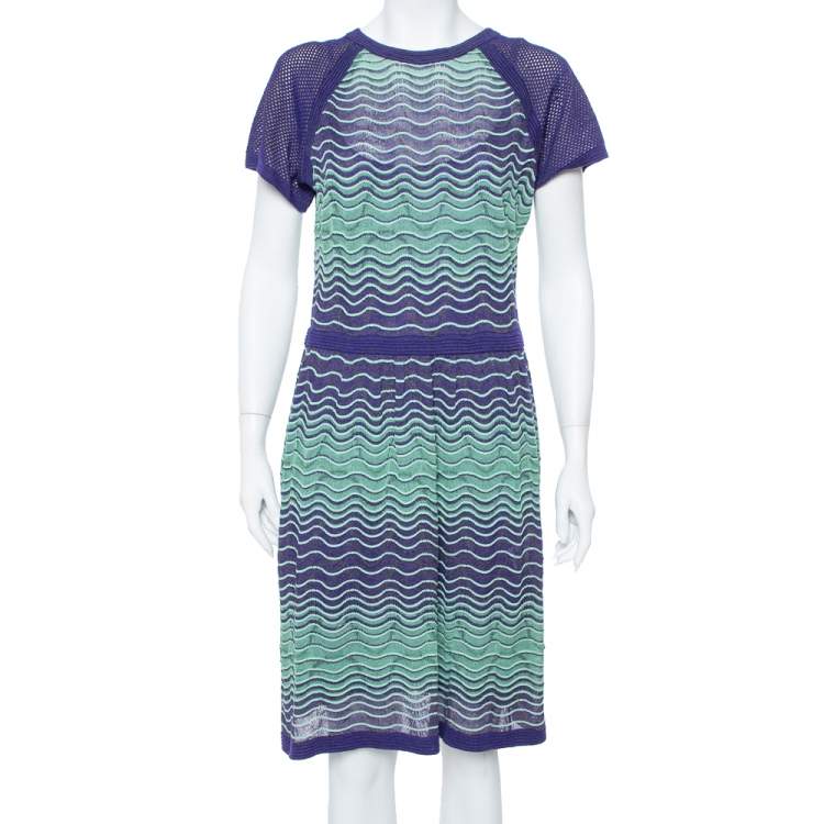 Pre Owned M Missoni Bicolor Wave Knit Drop Waist Dress & Button Front Cardigan Set L