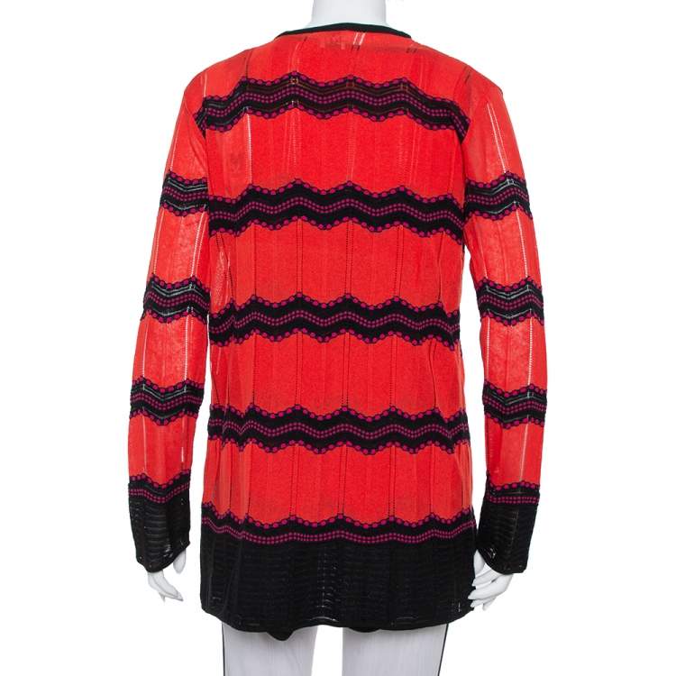 Pre Owned M Missoni Red & Black Zig Zag Pattern Knit Tank Top & Open Front Cardigan L
