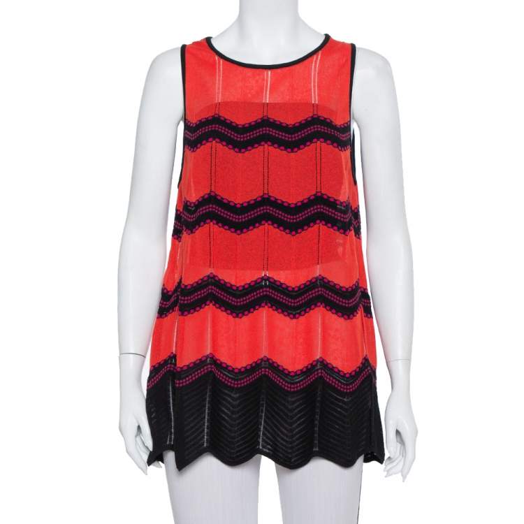 Pre Owned M Missoni Red & Black Zig Zag Pattern Knit Tank Top & Open Front Cardigan L