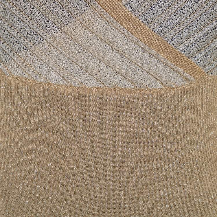 Pre Owned M Missoni Metallic Gold Perforated Knit Fitted Long Sleeve Top S