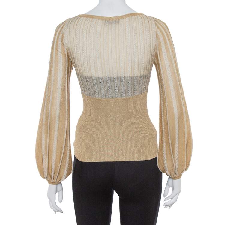 Pre Owned M Missoni Metallic Gold Perforated Knit Fitted Long Sleeve Top S