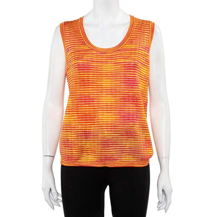 Pre Owned M Missoni Orange Lurex Knit Tank Top & Open Front Cardigan L