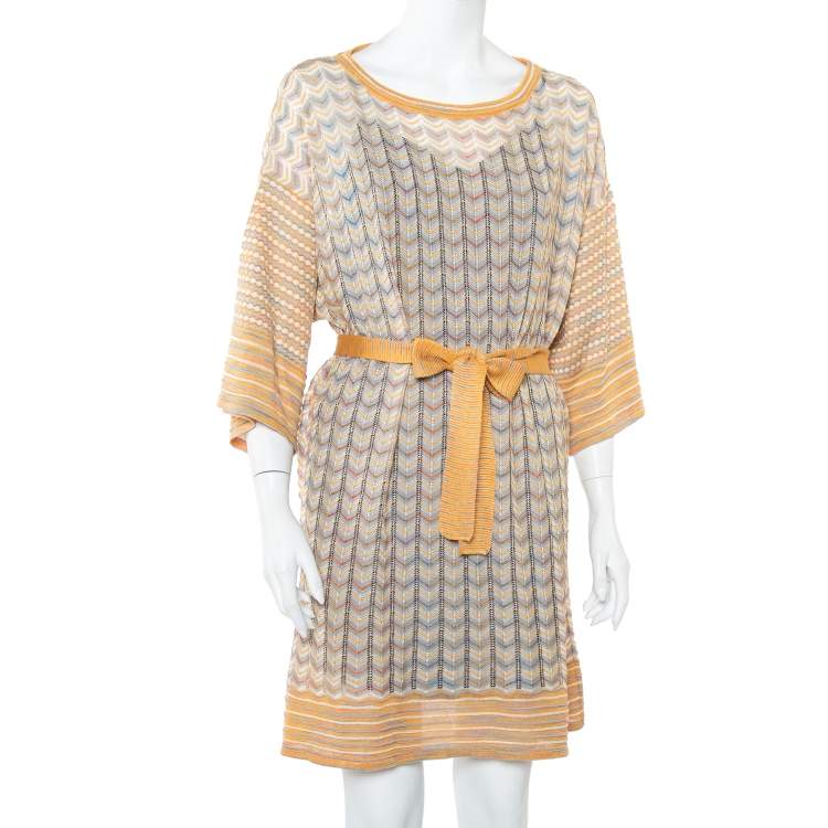 Pre Owned M Missoni Multicolor Patterned Perforated Knit Boat Neck Belted Dress L