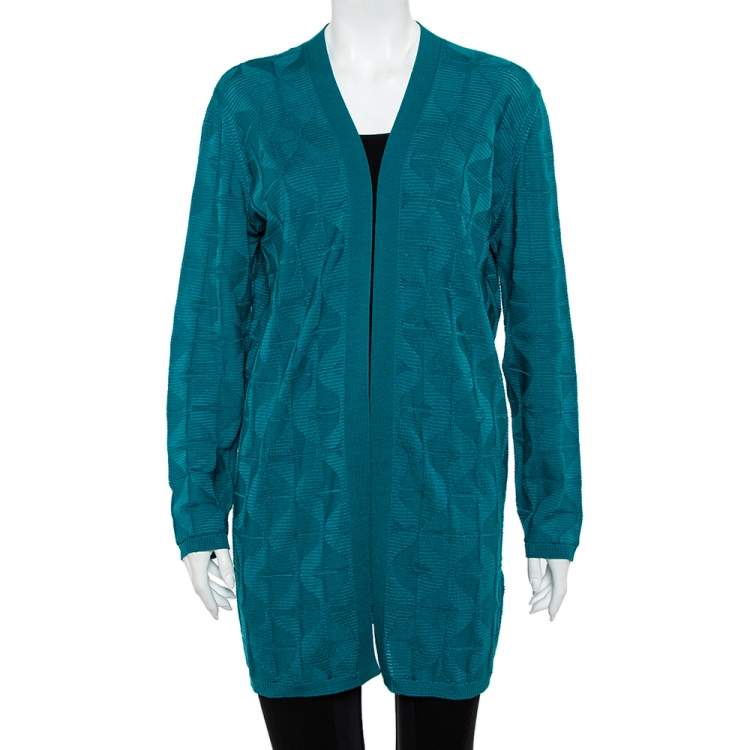Pre Owned M Missoni Green Patterned Wool Open Front Cardigan L