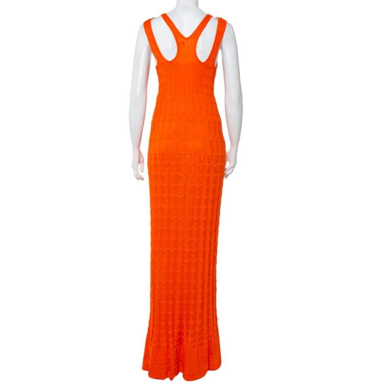 Pre Owned M Missoni Orange Wave Knit Racer Back Maxi Dress M