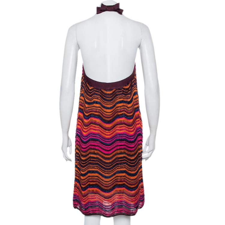 Pre Owned M Missoni Multicolor Wave Pattern Lurex Knit Halter Neck Shift Dress M