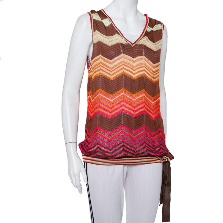 Pre Owned M Missoni Brown Chevron Patterned Knit Waist Tie Detail Top L